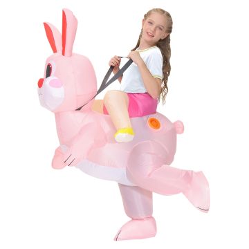 Kids inflatable Easter Bunny ride-on costume with pink body and tall ears