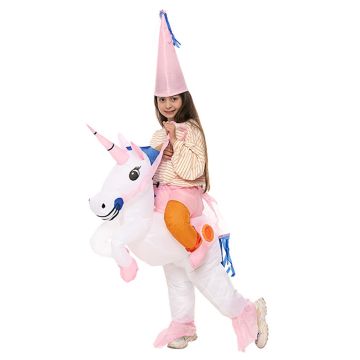 Kids inflatable unicorn ride-on costume with false rider legs and pink cone hat