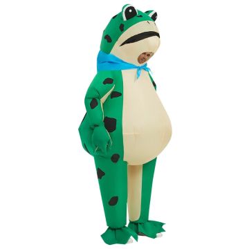 Adult inflatable frog costume in bright green with oversized belly and webbed feet