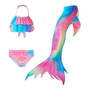 Kids Rainbow Mermaid Tail Costume with Monofin - Swimmable 3-Piece Set