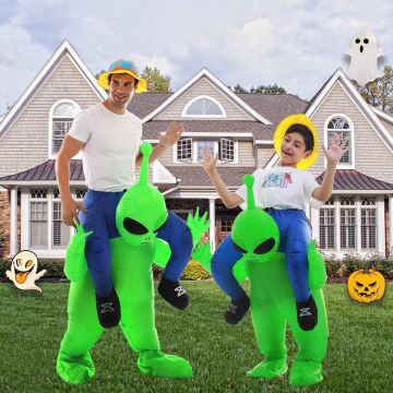 Kids and adults green alien inflatable costume with battery fan - ride-on carry me design