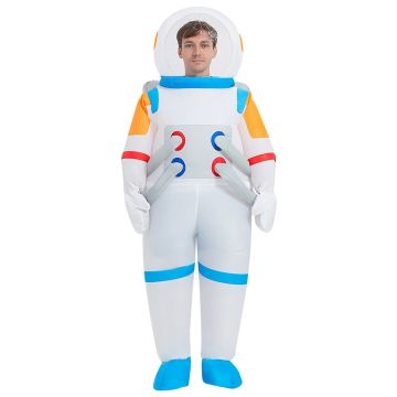 Adult inflatable astronaut costume with clear bubble helmet and retro color blocking