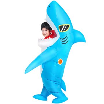 Kids inflatable shark costume front view showing turquoise body and open mouth