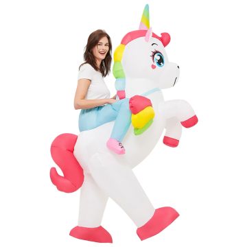 Adult inflatable unicorn ride-on costume with rainbow wings and spiral horn