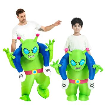 Inflatable alien ride-on costume with lime green body and oversized teal eyes