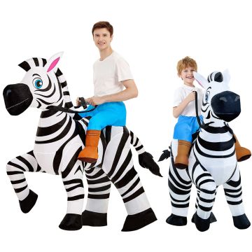 Kids and Adults Inflatable Zebra Ride-On Costume with blue saddle and battery fan