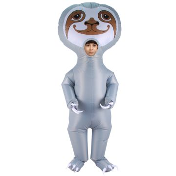 Kids grey inflatable sloth costume with smiling face and white claws