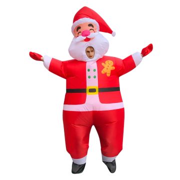 Adult inflatable Santa costume with oversized white beard collar and gingerbread appliqué