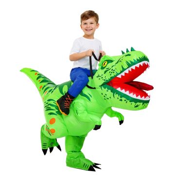 Kids inflatable dinosaur costume with child riding green T-Rex