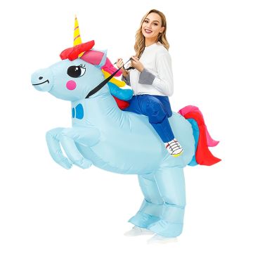 Adult inflatable unicorn rider costume with rainbow mane and striped horn