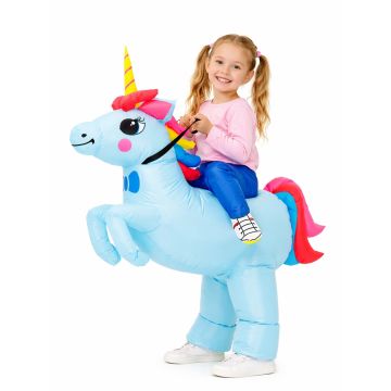 Kids inflatable unicorn ride-on costume with rainbow mane and tail