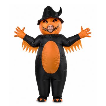 Adult inflatable pumpkin witch costume with oversized jack-o-lantern head and black witch hat