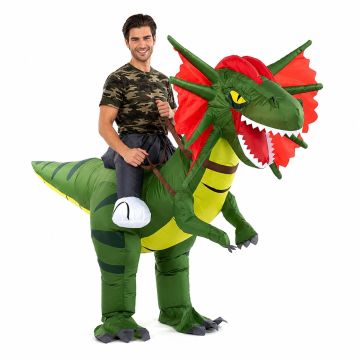 Adult inflatable green dragon ride-on costume with red frilled collar and striped body