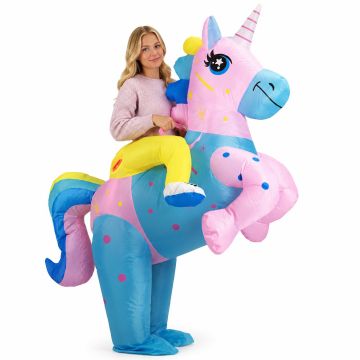 Adult Inflatable Rainbow Unicorn Ride-On Costume with Fan