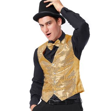 Adult wearing gold sequin disco vest with bow tie styled over black dress shirt