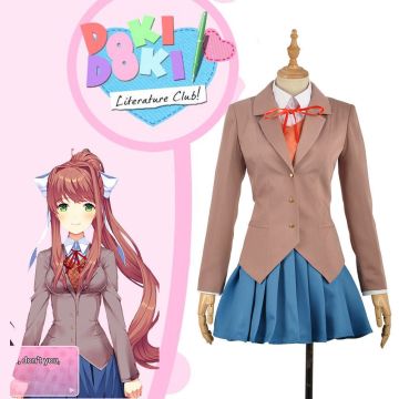 Womens anime school uniform costume with taupe blazer and blue pleated skirt