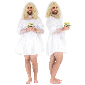 Mens Funny Bride Costume - White Wedding Dress with Tiara and Veil