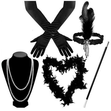 Adult 1920s Flapper Accessory Set - Black Feather Headband Boa Gloves Pearl Necklace