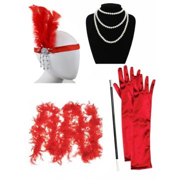 Womens 1920s Red Flapper Accessory Set - Gatsby Headband Gloves Boa Pearls