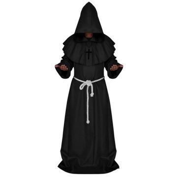 Black Medieval Friar Hooded Robe Monk Cross Necklace Renaissance Costume Priest