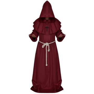 Medieval friar costume showing full-length wine red robe with rope belt