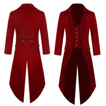 Victorian tailcoat available in burgundy and purple with dramatic pointed tail panels