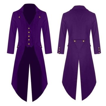 Steampunk tailcoat jacket colorways in purple, burgundy, and black with brass detailing