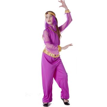 Girls purple genie costume with gold sequined harem pants and sheer sleeves