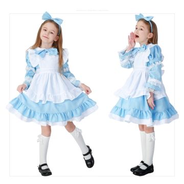 Light blue storybook character dress with lace trim and ruffle hem detail
