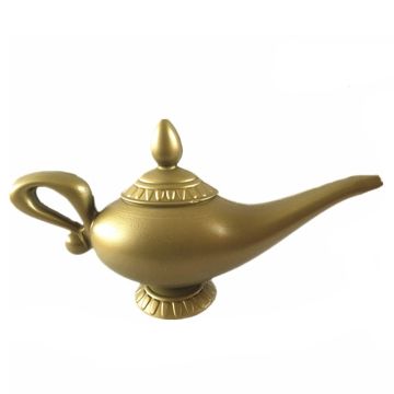 Gold Arabian genie lamp prop with removable lid and curved handle