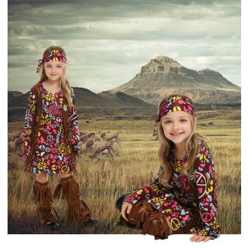 Girls 60s flower power costume showing bell sleeves and A-line mini dress silhouette