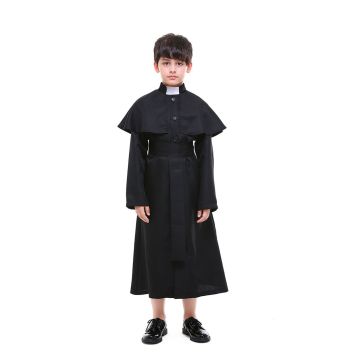 Boys Priest Costume with Cape - Kids Clergy Robe & Collar Set