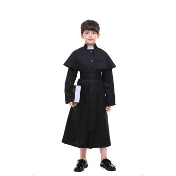 Boys priest costume with black cassock robe and shoulder cape