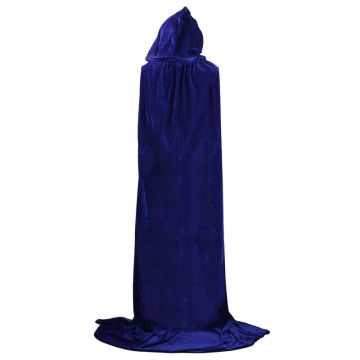 Adult wizard costume cloak in cobalt velvet with gathered neckline