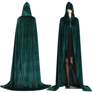Adult Green Velvet Hooded Cloak - Full Length Wizard Cape with Hood