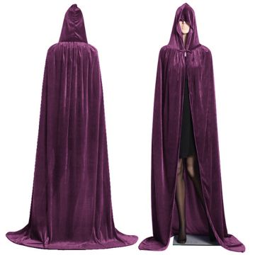 Adult purple cape full length hooded velvet cloak with pointed hood