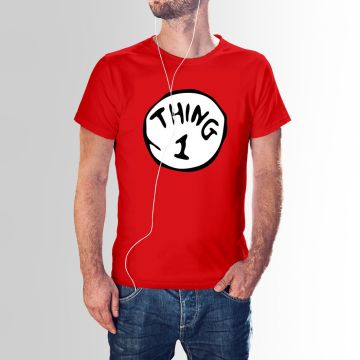 Group of adults wearing Thing costume shirts with different numbers