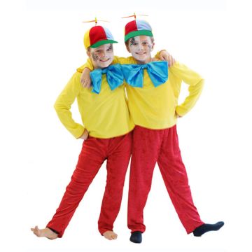 Child wearing Tweedle Dum schoolboy outfit with multicolored cap and spinning propeller