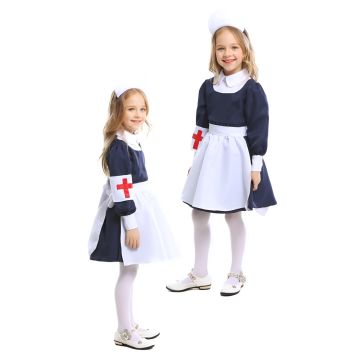 Girls Victorian nurse costume with navy dress, white apron and red cross cap