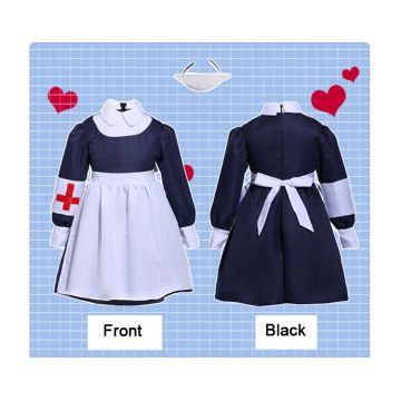 Girls Victorian Nurse Costume with Apron and Cap - Navy Dress with Red Cross