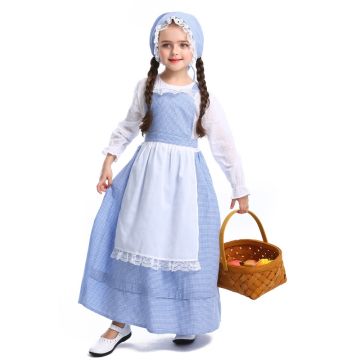 Womens Victorian servant costume with blue gingham dress, white apron and prairie bonnet