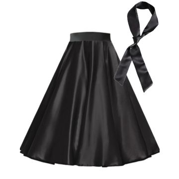 Black satin 50s circle skirt with wide elastic waistband and matching scarf