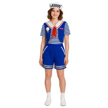 Adult Retro Ice Cream Parlor costume with striped sailor top, blue vest, white shorts, sailor hat and knee socks