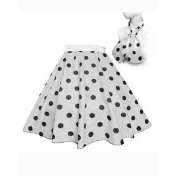 Adult 1950s white polka dot circle skirt and matching scarf costume set