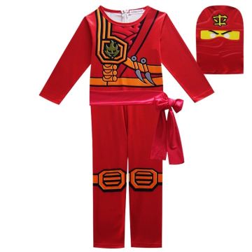 Kids red ninja warrior costume with printed armor graphics and mask