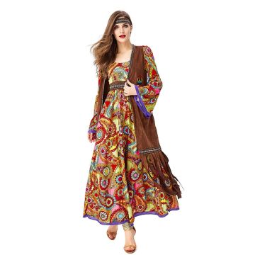 Ladies 70s Costume - Hippie Dress with Fringe Vest and Headband