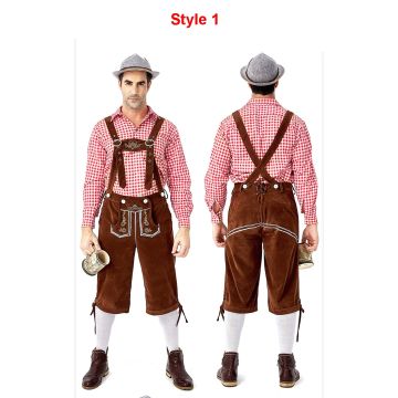 Male Oktoberfest Costumes - Bavarian Lederhosen with Suspenders & Checkered Shirt