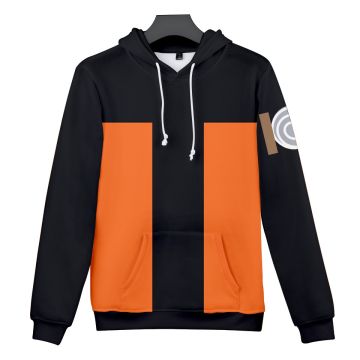 Orange and black pullover hoodie with white hood lining and clan symbols