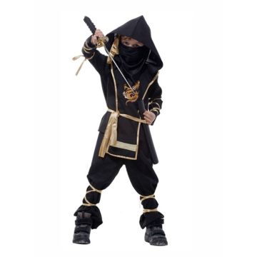 Boys Black Ninja Costume with Gold Dragon - Kids Kung Fu Warrior Set