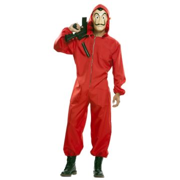 Adult Red Heist Crew Costume - Coverall Jumpsuit & Dalí-Style Mask Set